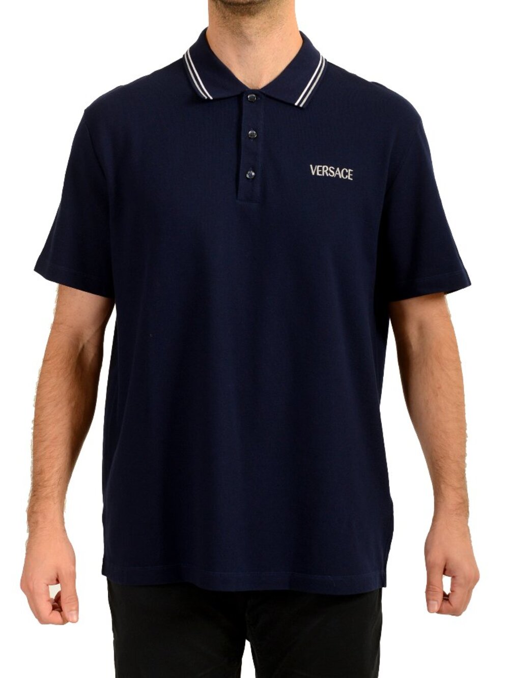 Versace Men's Navy Blue Logo Embroidery Short Sleeve Polo Shirt US 3XL IT 58